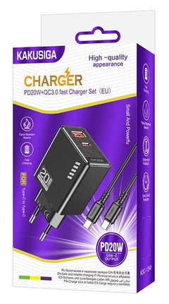 KAKUSIGA φορτιστής τοίχου KSC-1240 με καλώδιο USB-C, USB & USB-C, 20W, μαύρος