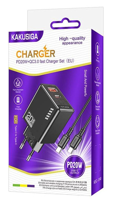 KAKUSIGA φορτιστής τοίχου KSC-1240 με καλώδιο USB-C, USB & USB-C, 20W, μαύρος