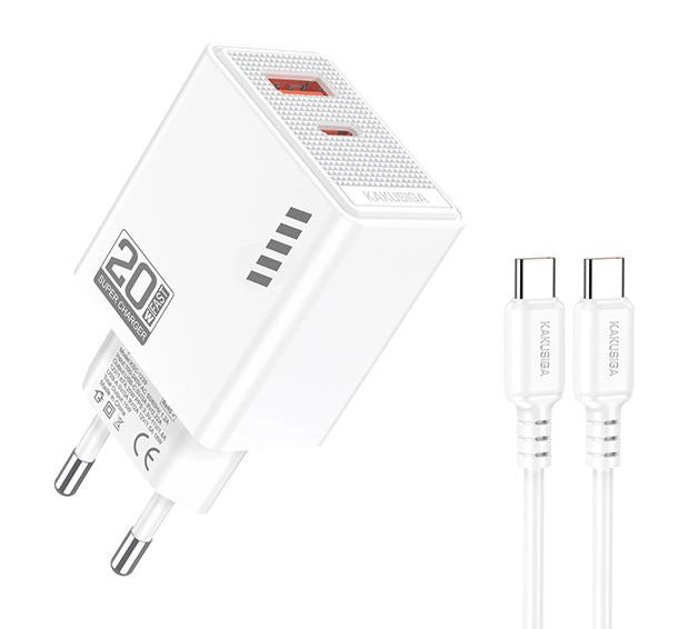 KAKUSIGA φορτιστής τοίχου KSC-1240 με καλώδιο USB-C, USB & USB-C, 20W, λευκός/μαύρος