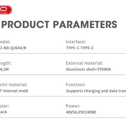 XO NB-Q264B Type-c to Type-c 240W High Power Data Cable 2m