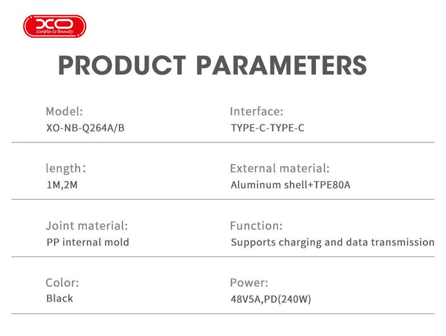 XO NB-Q264B Type-c to Type-c 240W High Power Data Cable 2m